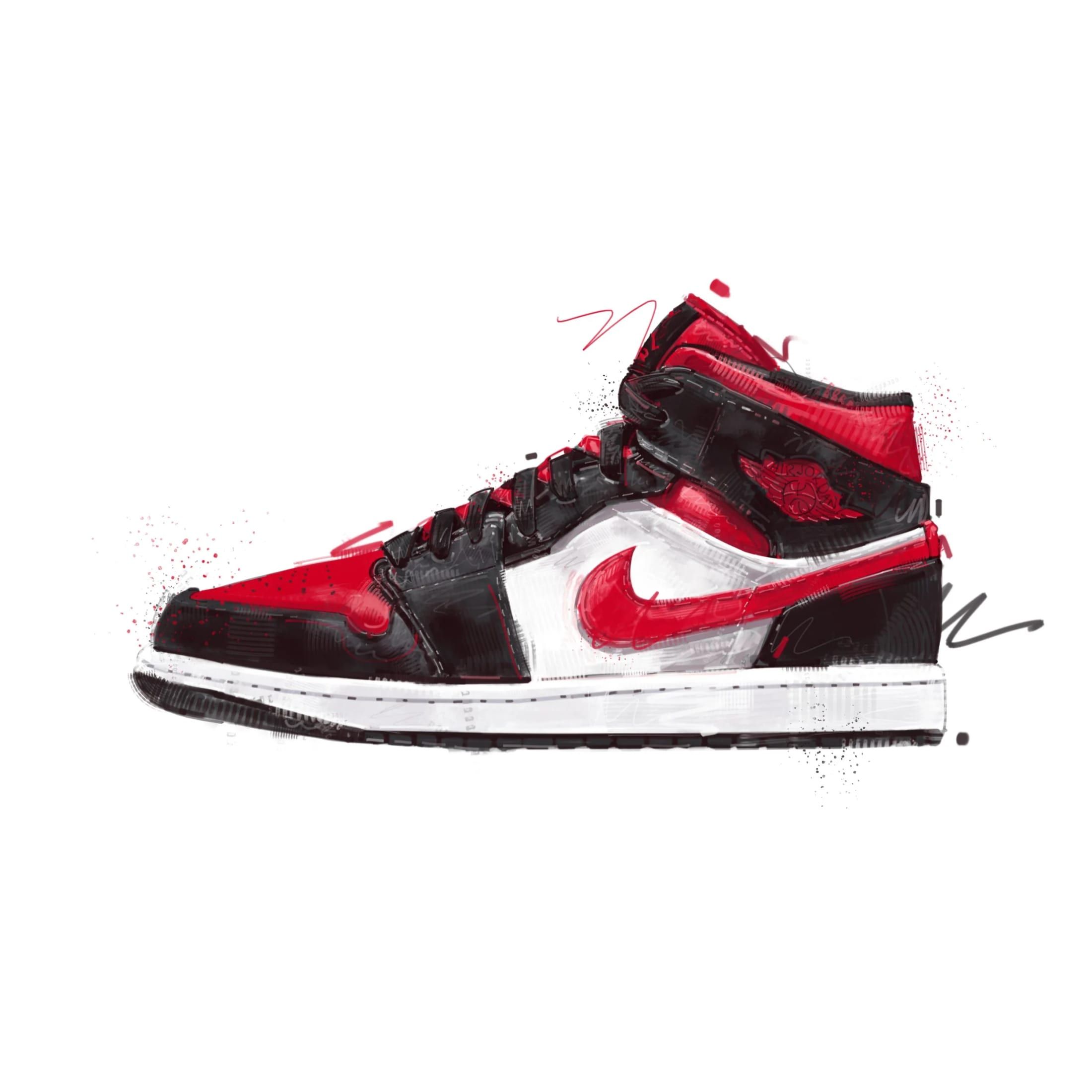 Painted hero illustration of the Nike Air Jordan 1 — red and black sneaker with loose pencil and ink marks, drawn in colour by Seb Antoniou.