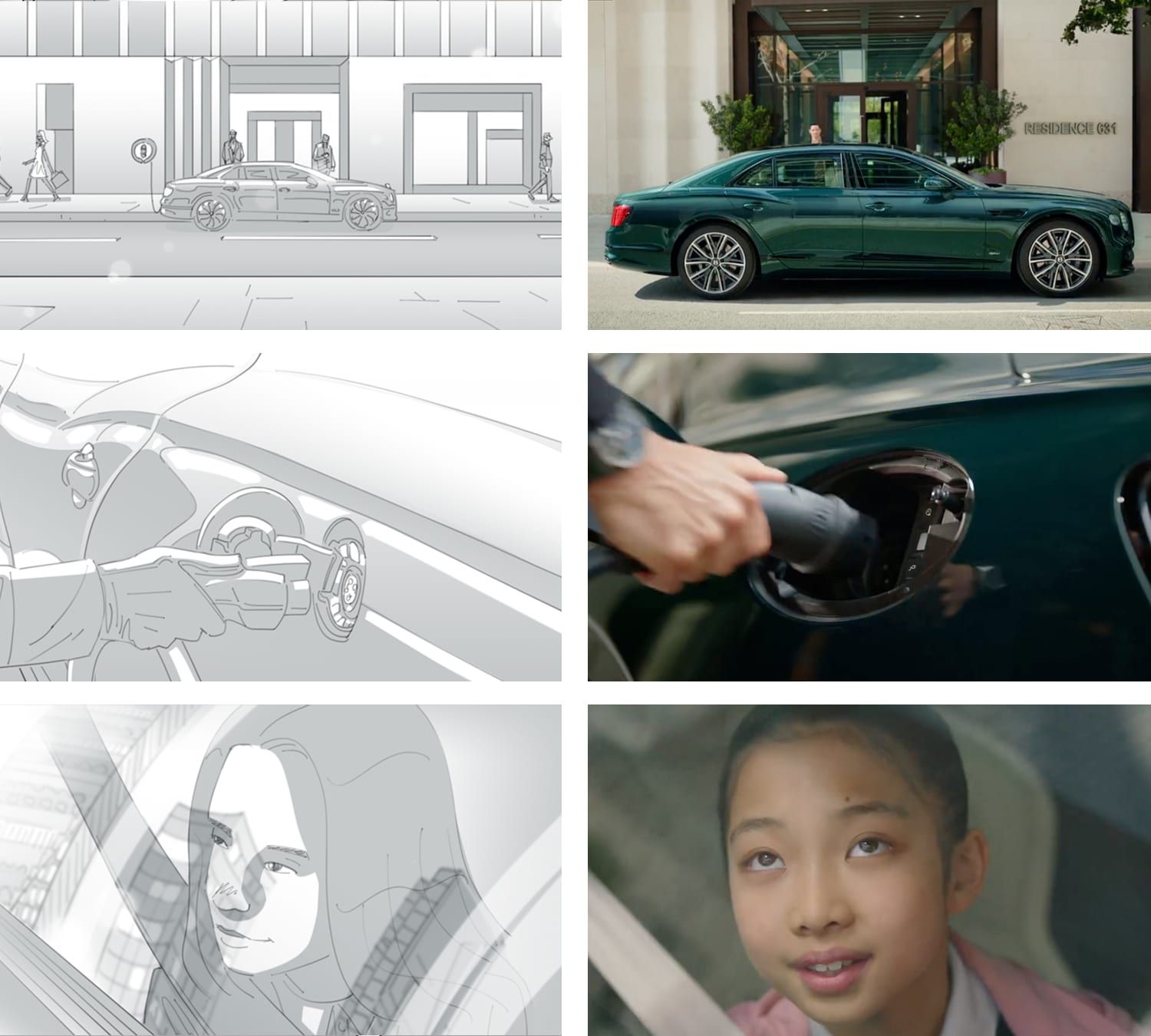 Board-vs-broadcast comparison sheet — Bentley Flying Spur Hybrid "Transform Your Perspective" — exterior reveal, charging port and the daughter in the passenger seat.