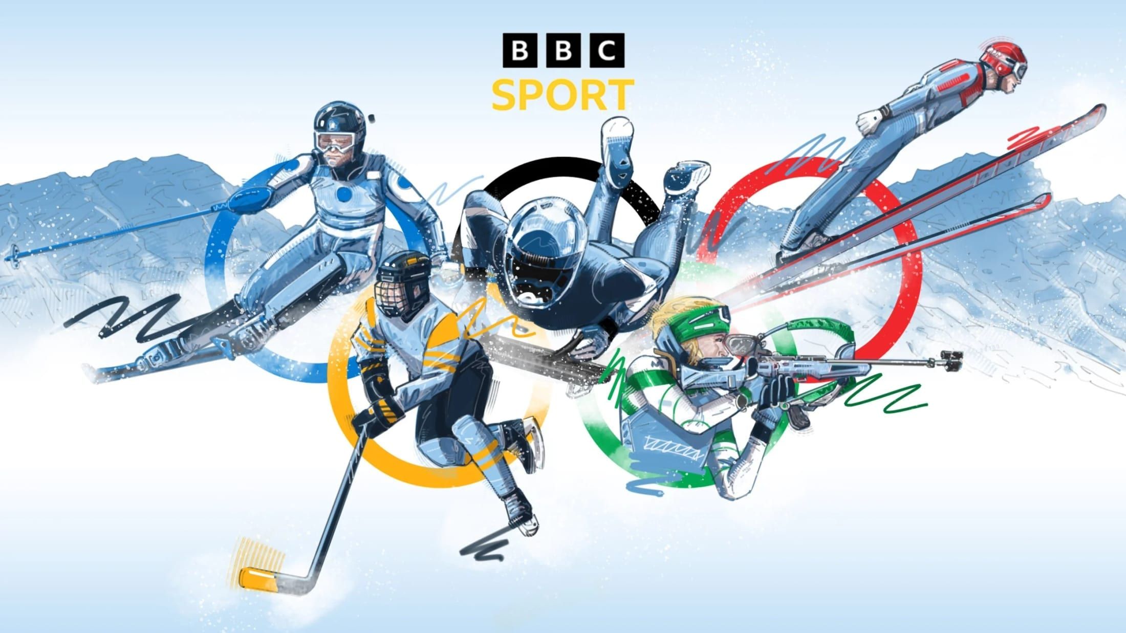 Colour key illustration for the BBC Sport Winter Olympics "The Fearless Are Here" title sequence — skier, bobsleigh, ice-hockey, biathlon and ski-jumping athletes set against the Olympic rings, by Seb Antoniou at Nexus Studios.