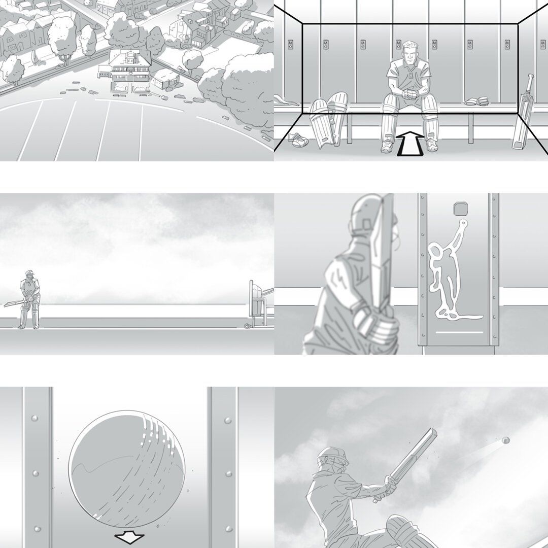 Storyboard sheet for the NatWest 2019 short film — cricket-themed sequence, batsman at the pitch, dressing-room beat and overhead aerial frames in black and white, by Seb Antoniou.