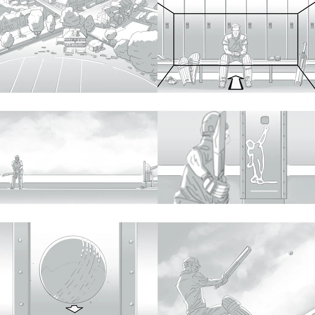 Storyboard sheet by Seb Antoniou — NatWest short film, cricket-themed sequence with batsman, dressing room and overhead aerial frames.