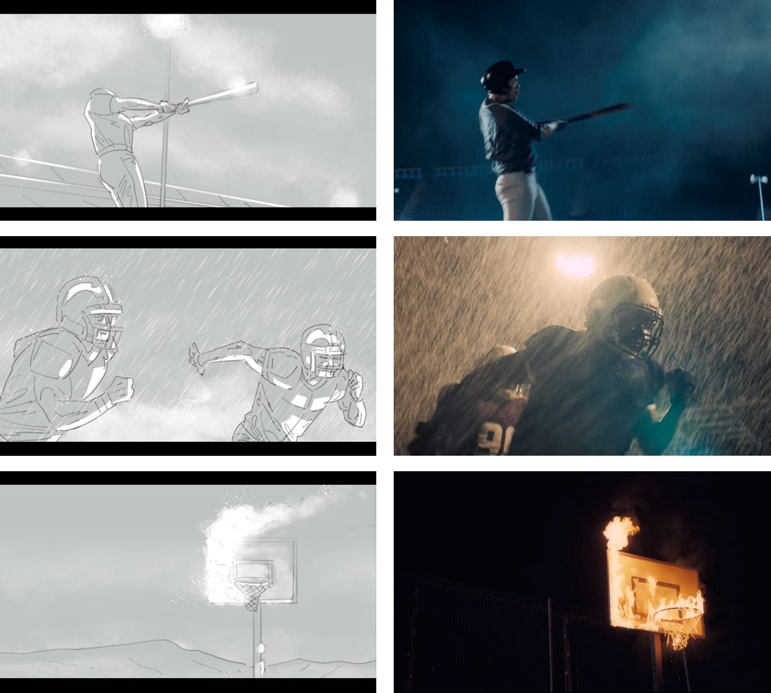 Board-vs-broadcast comparison sheet for the Amazon Audible "Defiance" advert — sports imagination frames (baseball, American football, flaming basketball hoop) drawn against the matching final broadcast frames, by Seb Antoniou.