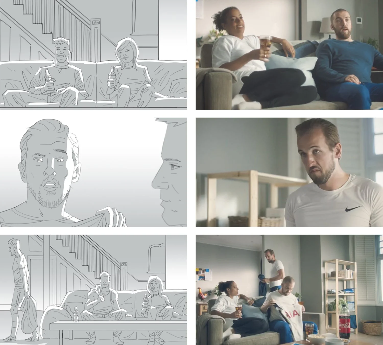 Six-panel storyboard sheet for the Coca-Cola Harry Kane "Make Your Home the Home End" film — the fan and partner on the sofa, the Kane reveal frames and the wide pull-out, drawn in black-and-white by Seb Antoniou.