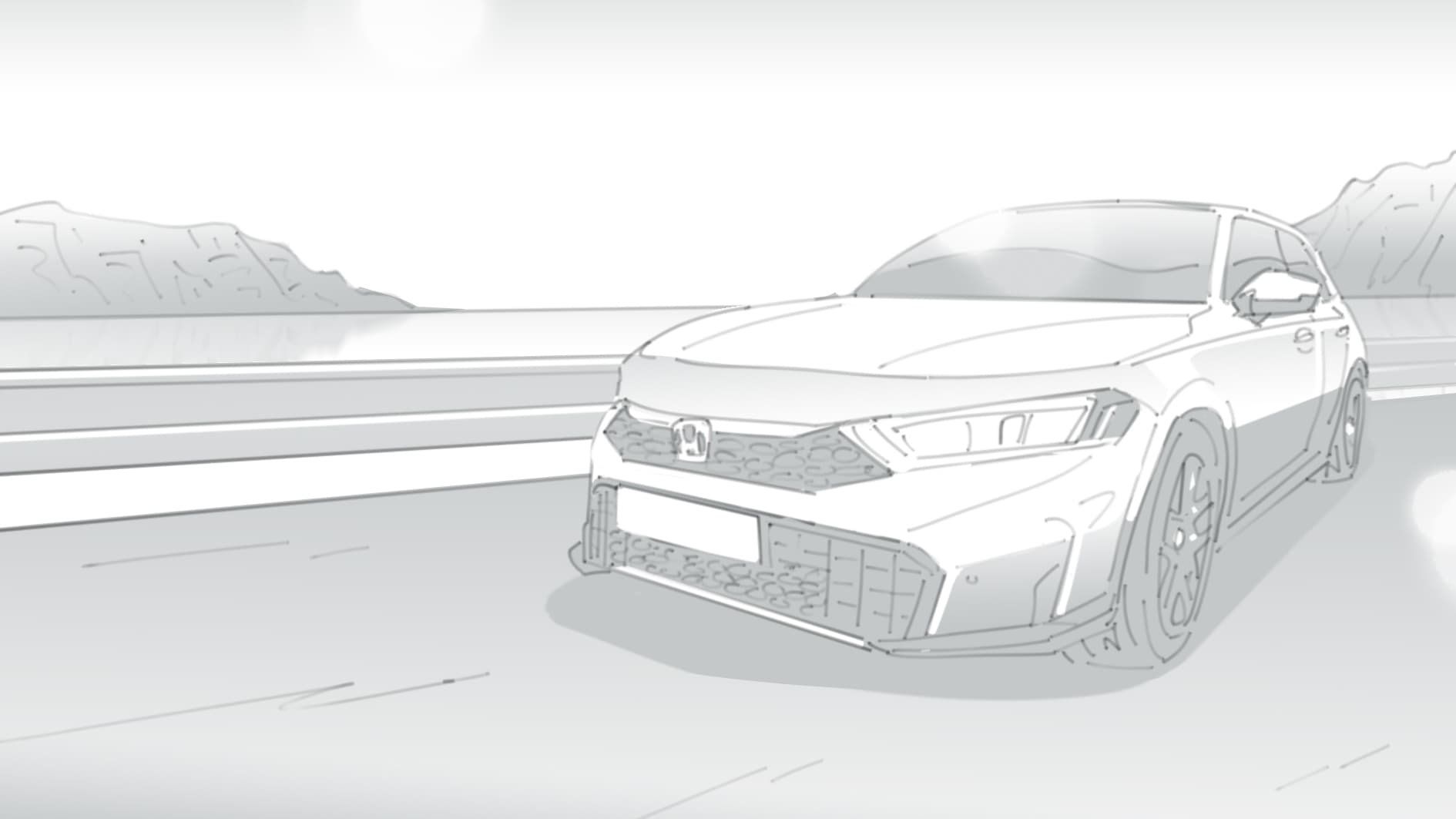 Hero storyboard frame for the Honda HR-V × Max Verstappen film — three-quarter front view of the HR-V on an open road, mountains in the background, Honda badge centred in frame, drawn by Seb Antoniou.