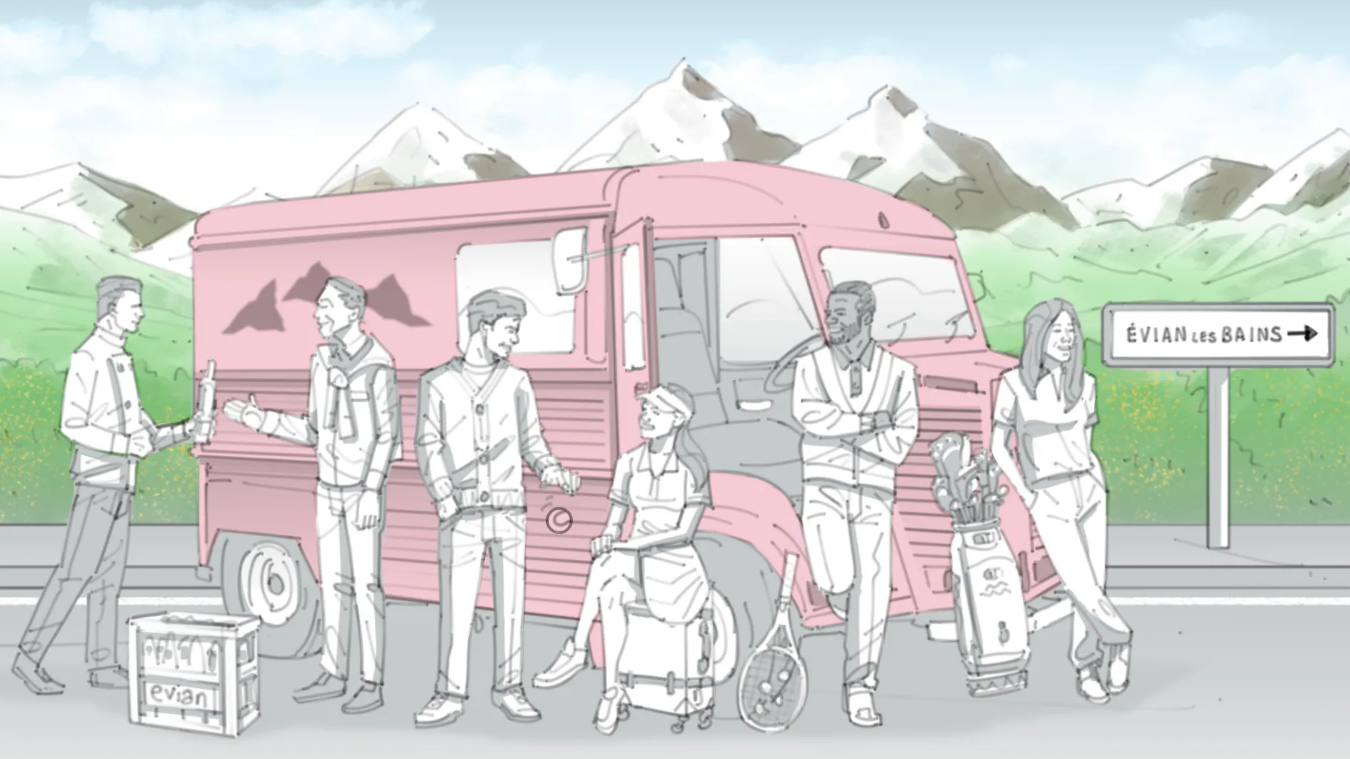 Pitch frame by Seb Antoniou — Evian-les-Bains roadside scene with a pastel-pink Citroën H-Van, athletes assembled around it and the Alps behind, painted in colour for an agency pitch deck.