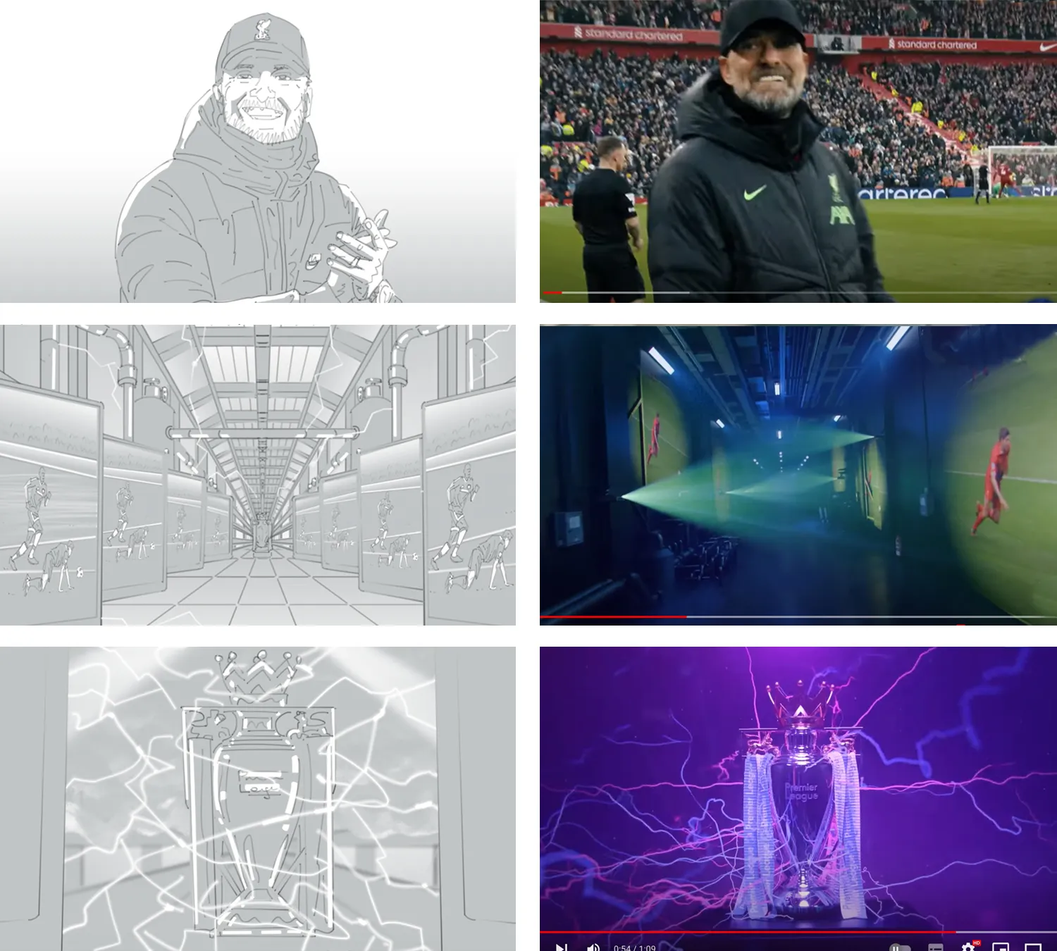 Storyboard sheet by Seb Antoniou — Premier League 'The Run-In' campaign, multi-panel black-and-white storyboard frames showing the campaign edit.