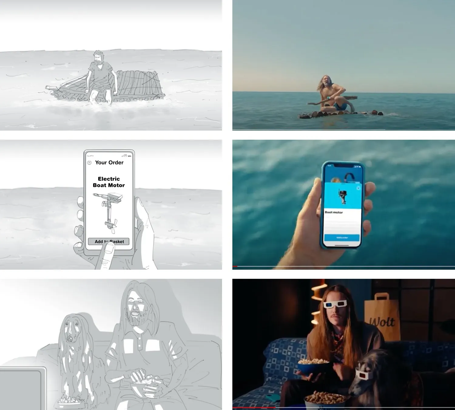 Animatic comparison sheet by Seb Antoniou — Wolt TVC, six frames in time order showing the storyboard alongside the matching cuts from the finished broadcast film, the kind of pre-shoot reference an animatic locks in.