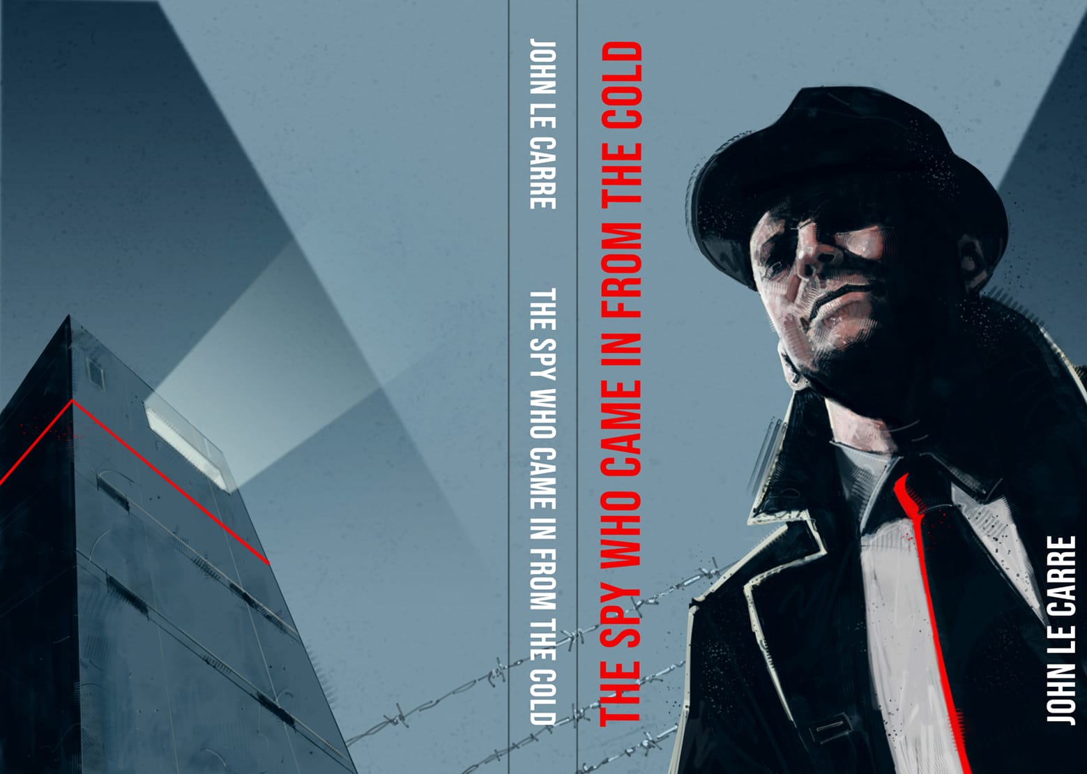 Painted illustration by Seb Antoniou — figure in a trench coat, barbed wire and a tower block in cold half-light. The Spy Who Came In From The Cold, John le Carré.