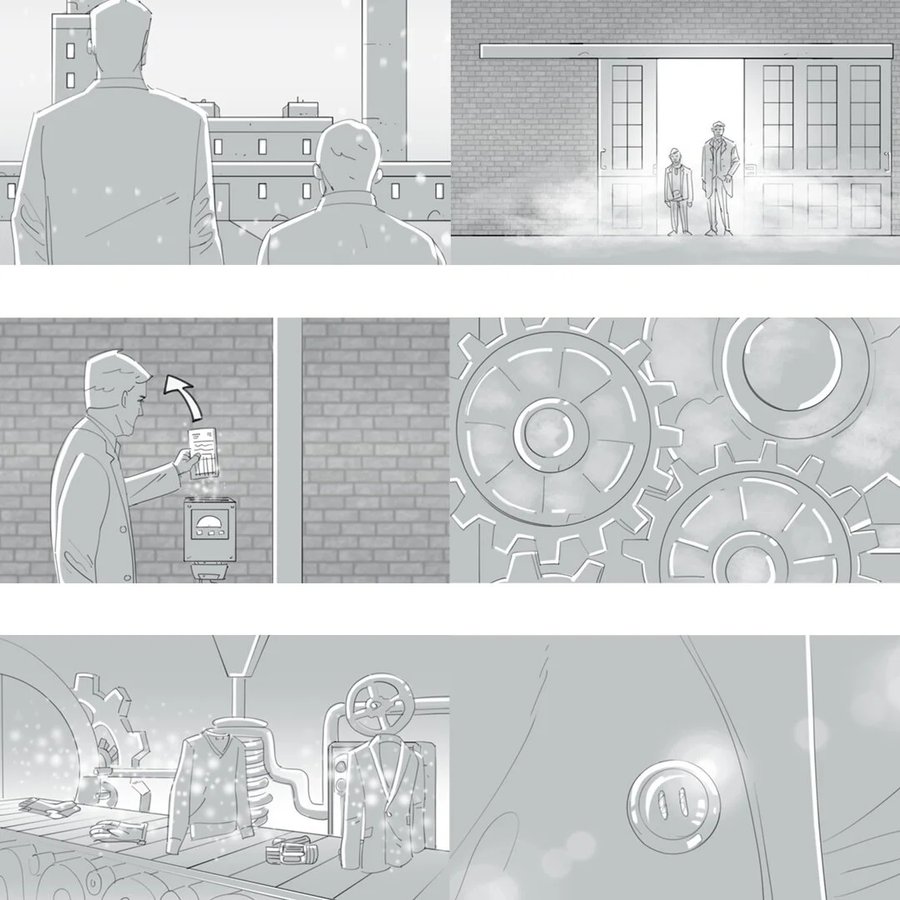Six-panel storyboard sheet by Seb Antoniou for Hackett — gentleman in a cityscape, atelier interior, mechanical gears and finished suit on the line.
