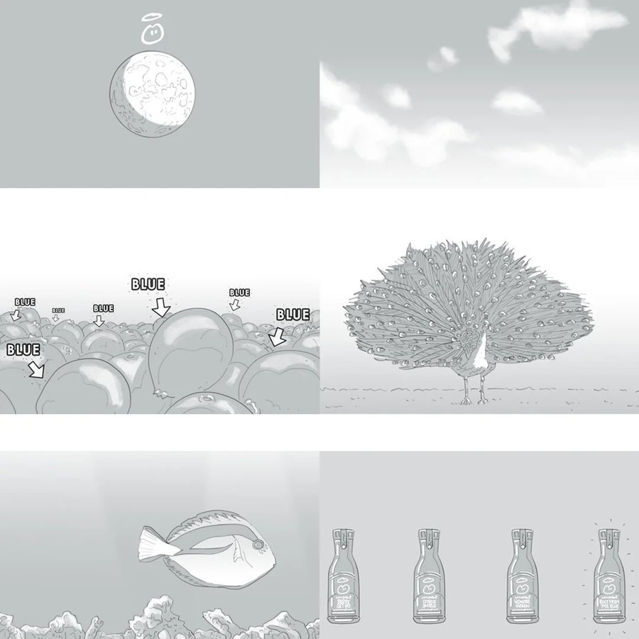 Six-panel storyboard sheet by Seb Antoniou for Innocent Drinks — orchard peach, balloons labelled BLUE, peacock, fish and bottled smoothies.