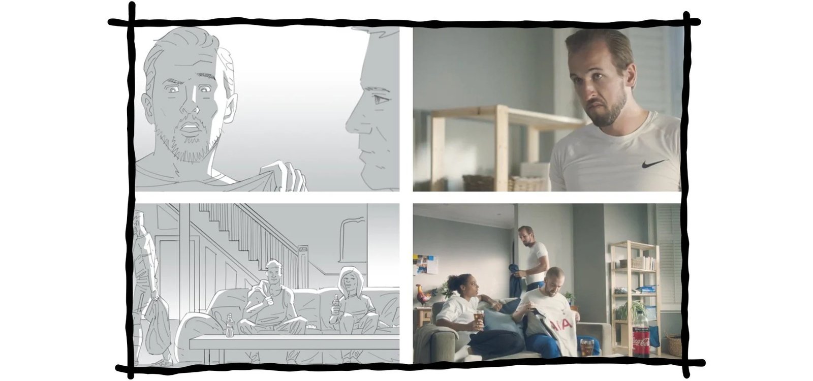 Four-panel comparison by Seb Antoniou — storyboard frames next to the matching finished broadcast frames from the Coca-Cola "Home End" Harry Kane spot.